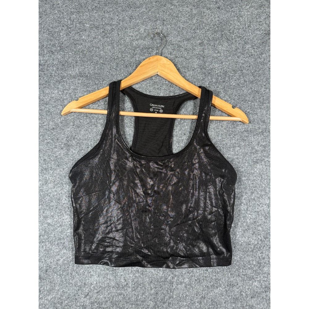 Calvin Klein Performance Crop Tank Top Women M Black Metallic Foil Athletic Wick